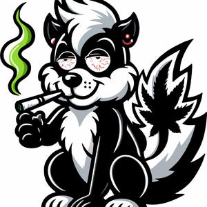 May include: A cartoon skunk with a marijuana leaf tail, wearing a red earring, smoking a joint with green smoke coming out of it.