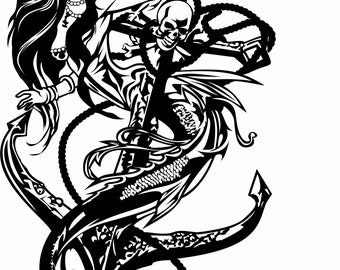 Mermaid Sexy Girl Fish Tail Skull Boat Anchor Fantasy  3.5&quot; wide x 6 inches Tall Fishing Car Truck Window Laptop Vinyl Decal Sticker