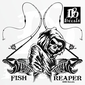 Fish Reaper Schedel Skelet Staaf Reel Hengel Auto Boot Truck Raam Vinyloverdrukplaatjesticker: