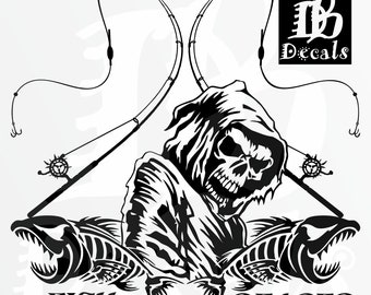 Fish Reaper Skull Skeleton Rod Reel Fishing Pole Car Boat Truck Window Vinyl Decal Sticker
