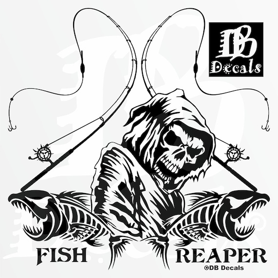 Fish Reaper Skull Skeleton Rod Reel Fishing Pole Car Boat Truck Window  Vinyl Decal Sticker 