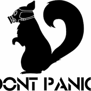 Pode incluir: Silhueta preta e branca de um esquilo usando uma máscara de gás. O esquilo está em pé sobre suas patas traseiras com o rabo enrolado atrás dele. O texto "DON'T PANIC" está escrito abaixo do esquilo.