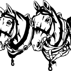 Puede incluir: Ilustración en blanco y negro de dos caballos con bridas. Los caballos están de frente con la cabeza ligeramente inclinada hacia un lado. La ilustración es una representación simple pero elegante de dos caballos.