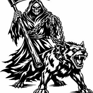 May include: A black and white illustration of the Grim Reaper holding a scythe and a chain leash attached to a snarling wolf. The Reaper is wearing a hooded cloak and has a skull face. The wolf has a spiked collar.