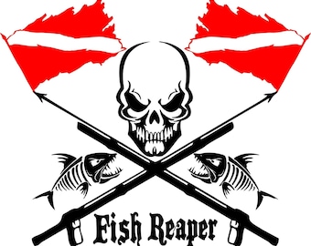 Fish Reaper Skull Scuba Diver Flag Vinyl Decal - Car, Boat, Truck Window Sticker