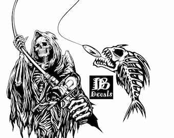 Grim Reaper Fishing Skeleton Rod Reel Boat Car Truck Window Vinyl Decal Sticker