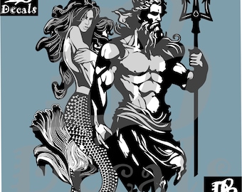 Poseidon & Mermaid Vinyl Decal: Car, Truck, Laptop Sticker (6.5" x 8")