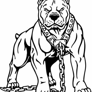 Op de afbeelding: Zwart-witte illustratie van een gespierde pit bull-hond met een kettinghalsband en een riem. De hond staat met zijn voorpoten naar voren en zijn hoofd naar beneden gekanteld.