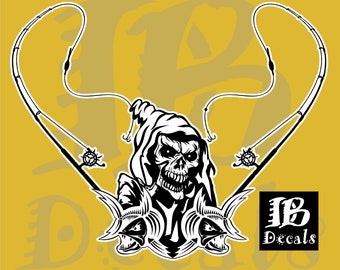 Fishing Grim Reaper Skull Rod Reel Boat Hook Car Truck Window Vinyl Decal Sticker