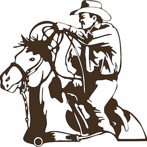 Op de afbeelding: Bruin-witte illustratie van een cowboy op een bokkende bronco. De cowboy draagt een hoed en houdt de teugels vast. Het paard steigerd en de cowboy leunt achterover om zijn evenwicht te bewaren. Een klassieke rodeo scène.