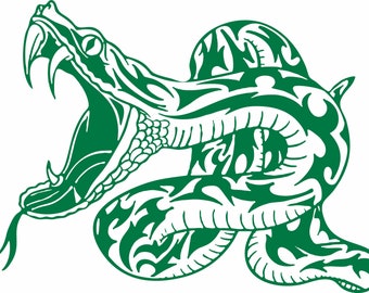 May include: A green snake with a detailed, tribal-style pattern, coiled in a defensive posture with its mouth open and fangs visible.