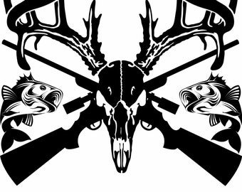 Calcomanía De Vinilo De Caza - Diseño A Color Con Ciervo, Pato, Rifle Y Cuchillo, 5x9 Pulgadas