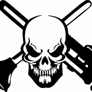 May include: Black and white illustration of a skull with a wrench and a pipe crossed behind it.