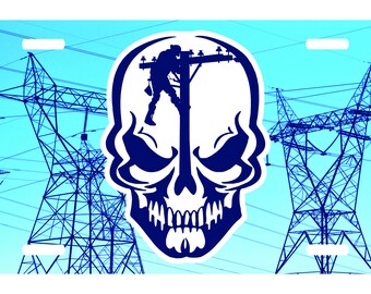 Lineman linemen skull Journeyman electrician Lineworker pole license plate car truck tag