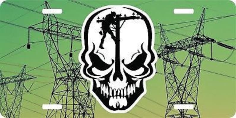 Lineman linemen skull journeyman electrician pole license plate car truck tag