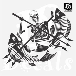 Vis Skeleton Reaper Skull 3 Vork Speer Vissen Auto Boot Vrachtwagen Raam Vinyloverdrukplaatjesticker: