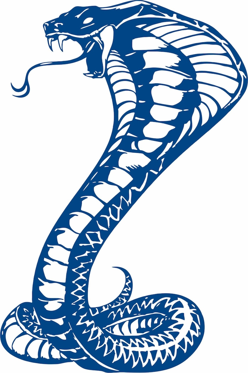 Puede incluir: Una silueta azul de una cobra con su capucha levantada, mostrando sus colmillos. La cobra est&aacute; enroscada con su cola enroscada debajo de su cuerpo.