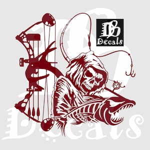 Vis Herten Jacht Reaper Schedel Skelet Staaf Reel Hengel Samengestelde Boog Gewei Auto Boot Truck Venster Vinyloverdrukplaatjesticker