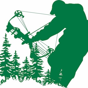 May include: A green silhouette of a person aiming a bow and arrow. The archer is wearing a cap and outdoor clothing. The bow is drawn, ready to fire. Evergreen trees are in the background, suggesting a hunting or outdoor theme.
