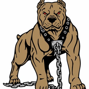 Op de afbeelding: Een bruine pitbull met een zwarte leren halsband en ketting staat op een witte achtergrond. De woorden "BIG DOG" zijn geschreven in zwarte letters met een grijze omtrek boven en onder de hond.