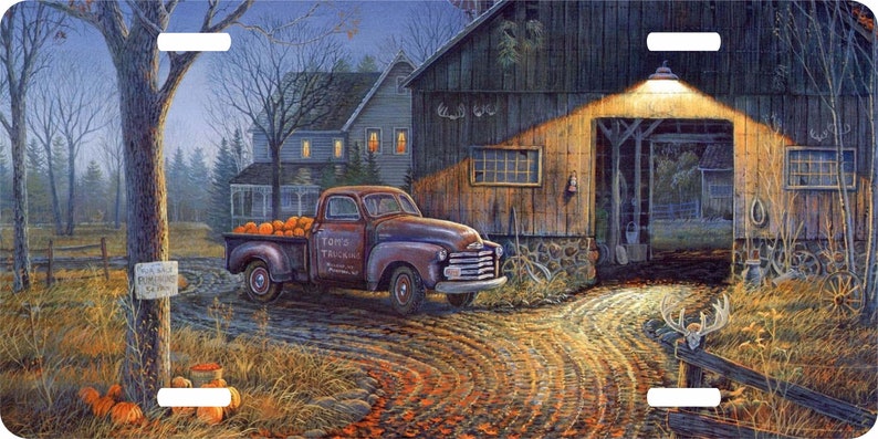 Old Antique Truck Barn Farm House Shed Pumpkin Store License Plate Car Truck Tag