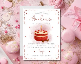 Invito di compleanno modificabile / Invito per festa con torta di velluto rosso / Modello Canva 5x7" / Stampabile per compleanno bambini / Download digitale istantaneo