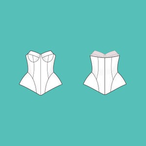May include: Two white corset designs are shown against a teal background. The corsets have a structured silhouette with defined bust cups and vertical panel lines. One design features a sweetheart neckline, the other a folded collar.