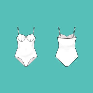 May include: A white one-piece swimsuit illustration, shown from the front and back. The swimsuit has thin straps and a bustier-style top. The background is a solid teal color. The design is simple and clean.