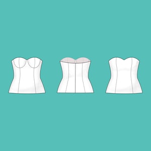 May include: Three white corset tops with different designs are displayed against a teal background. The corsets have varying styles, including a sweetheart neckline and structured panels. The image showcases the design variations of the corset tops.