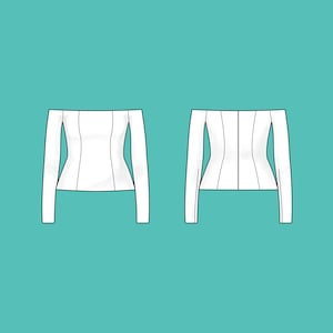 Puede incluir: Un top blanco con hombros descubiertos y mangas largas, mostrado desde la vista frontal y posterior. La prenda tiene una silueta ajustada con detalles de costura verticales. El fondo es de color turquesa sólido. Este top es adecuado para varias ocasiones.