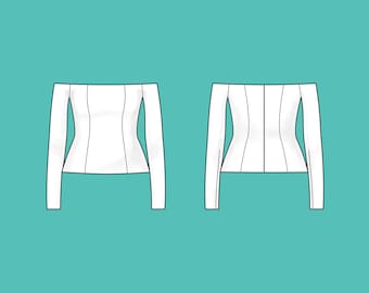 Molde em PDF para blusa Bardot com painéis | Decote ombro a ombro, barra alta no quadril