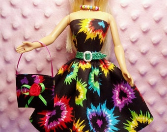 11.5" Fashion Doll Clothes - Tie Dye Hearts Dress, Purse, Necklace, Belt and Shoes.  Handmade.