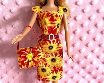 11.5 Fashion Doll Clothes - Yellow Sunflower Sheath Dress, Purse and Glitter belt.