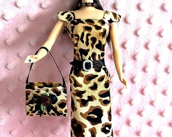 Fashion Doll Clothes - Black and Tan Leopard Sheath Dress, Purse, Necklace, Belt and High Heel Shoes. Handmade with cotton fabric.