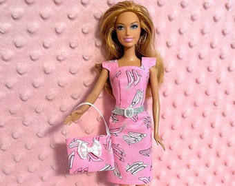 11.5" Fashion Doll Clothes - Princess Shoes print Pink Sheath Dress, Purse and Belt. Handmade.