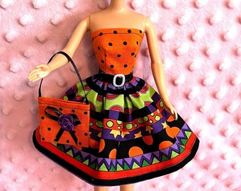 11.5 Fashion Doll Clothes - Fiesta Print Party Dress, Purse and Belt - Handmade.