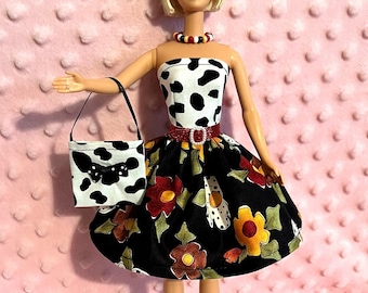 11.5" Doll Party Dress - Dalmation & Floral print Dress, Purse, Necklace, Belt and High Heel Shoes. Handmade.