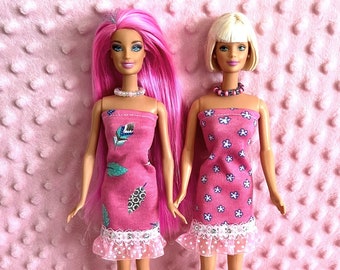 11.5" Fashion Doll Dress - Pink Mini Dress with Polka Dot lace trim and Necklace.  CHOOSE: Flower print or Feather print.