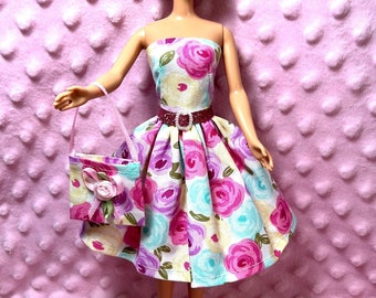 11.5" Doll Party Dress - Pink, Green & Yellow Roses Dress and Belt. Floral cotton fabric party dress.