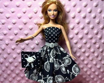 11.5 Fashion Doll Clothes - Black and White Bicycle Party Dress, Purse and Belt.  Handmade.