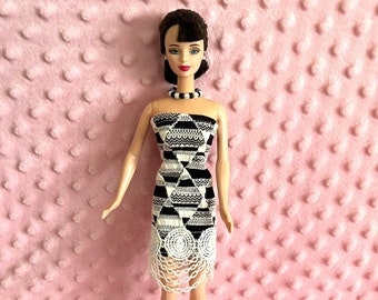 11.5" Fashion Doll Mini Dress - Black & Beige stretch Knit Mini Dress with Embroidered lace trim and Necklace.  Handmade.
