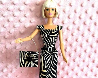 11.5 Doll Clothes - Zebra Sheath Dress, Purse and Belt.  Handmade cotton dress.