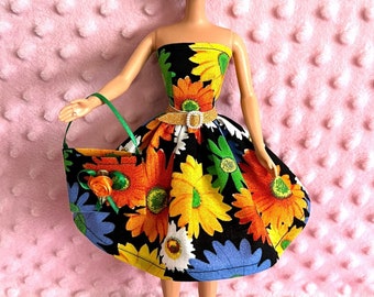 11.5" Doll Party Dress - Daisy print Dress, Purse, Necklace, Belt and High Heel Shoes. Handmade.