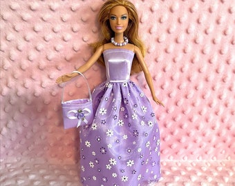 11.5 Doll Clothes - Purple & White Daisy Gown, Purse and Necklace.  Handmade.