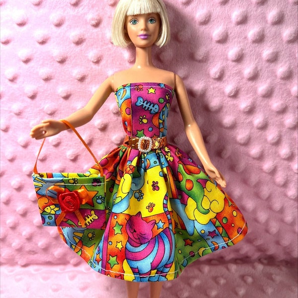 11.5" Fashion Doll Party Dress - Cat Print Dress, Purse, Necklace, Belt and Shoes - Handmade, bright colors.