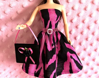 11.5" Doll Clothes - Zebra print Party Dress, Purse and Belt. Handmade.
