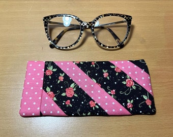 Eyeglass Case - Quilted, Floral Fabric – Rosey Pink Roses, lined with Pink polka dot fabric.