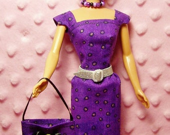 11.5" Fashion Doll Clothes - Purple Polka Dot Sheath Dress, Purse and Belt.  Bonus: Necklace and High Heel Shoes.