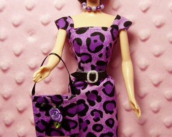 Fashion Doll Clothes - Purple Leopard Sheath Dress, Purse, Necklace, Belt and High Heel Shoes. Handmade with cotton fabric.