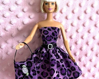 Fashion Doll - Purple Leopard Party Dress, Purse and Belt - Handmade